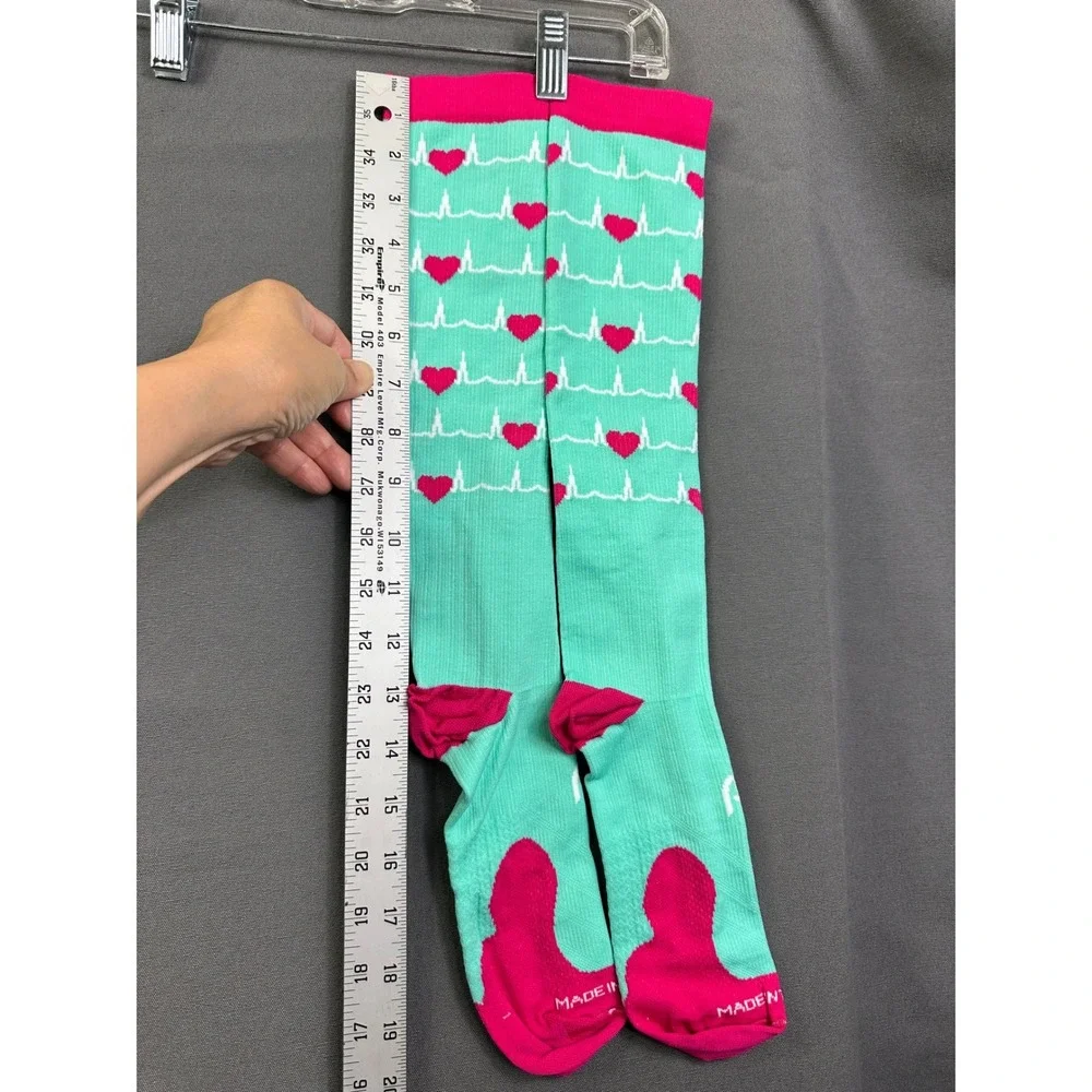 2 pairs Teal Pink EKG Heartbeat Compression Socks Knee High LG/XL Made in USA‎